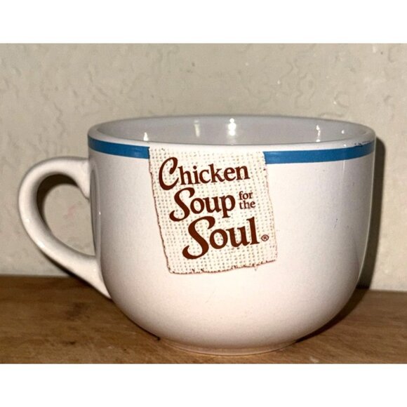 Chicken Soup For The Soul Ceramic Mug 3" Tall Blue Rim White Cup Made In China - Picture 2 of 5